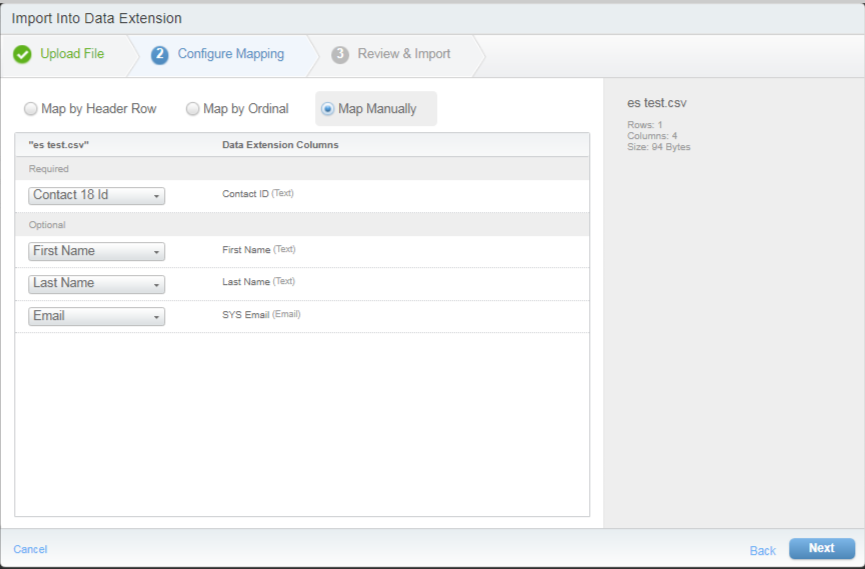 Salesforce Data Extension, Import, Configure Mapping