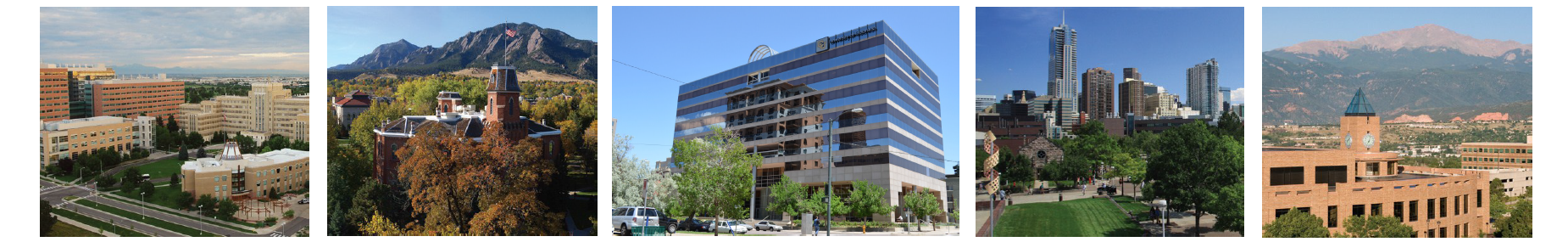 CU Campuses and System Building Header image with photos from the five CU campuses and System buildings. From left to right: Anschutz, Boulder, System, Denver, Colorado Springs