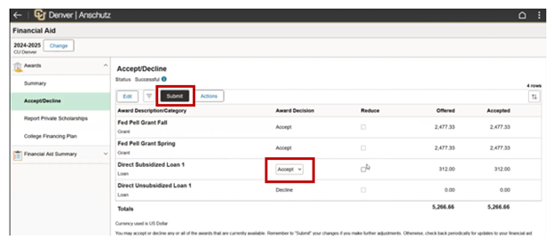 Accept Decline or Reduct Award screen