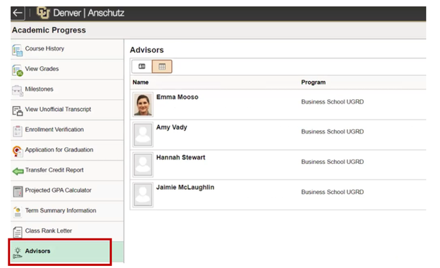 Example of the Academic page with Advisor in the menu