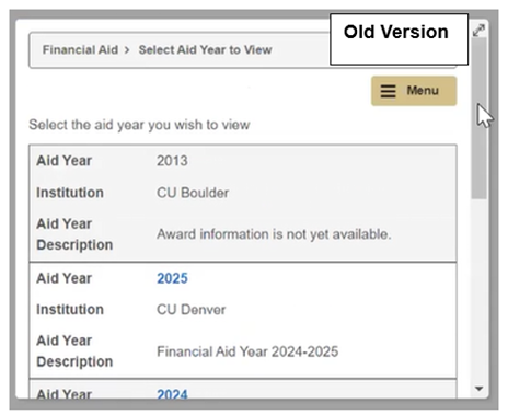 Choosing the aid year OLD version
