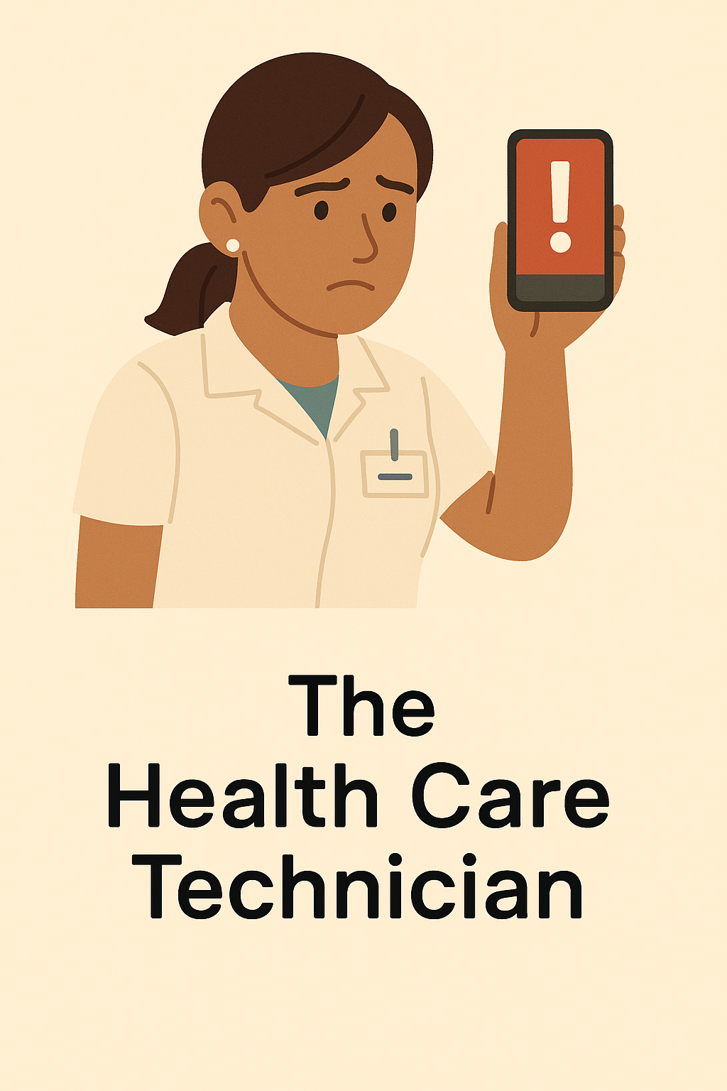 Health care technician holding phone with warning