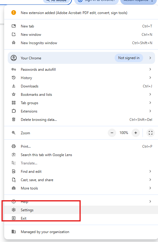 Google Chrome Settings Menu
