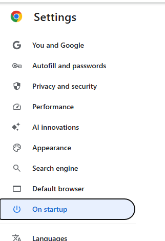 On Startup menu within Google Chrome