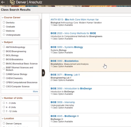 Class Search screenshot