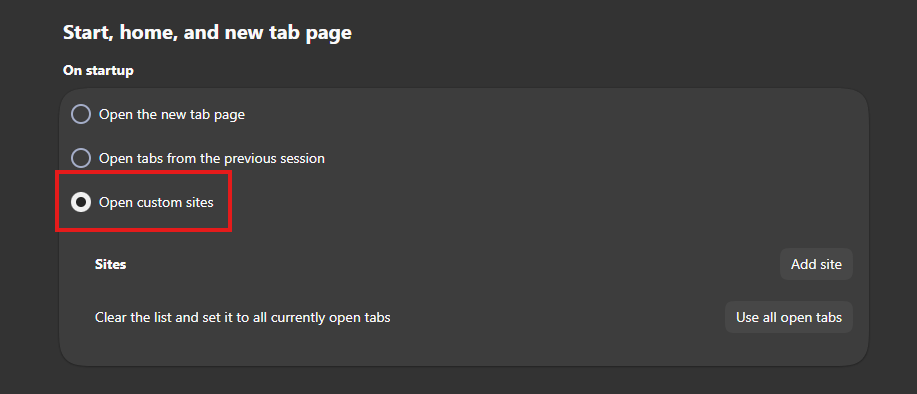 Red box over "Open custom site" radio button