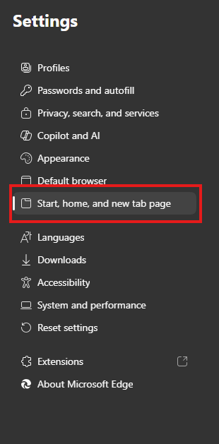 A red box over the words "Start, home and new tab page."