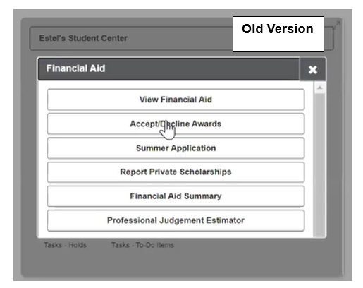 Old version of the Student self service financial aid page