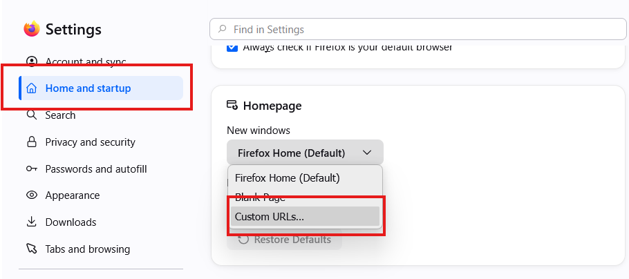 Firefox Home and startup