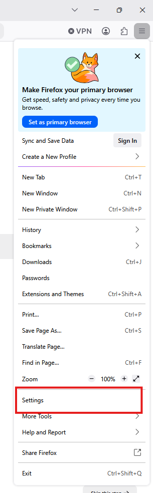 Firefox Settings Menu