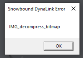 Window title: Snowbound DynaLink Error. Dialog: IMG_decompress_bitmap
