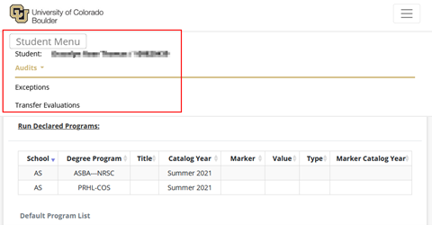 Student menu on a mobile device