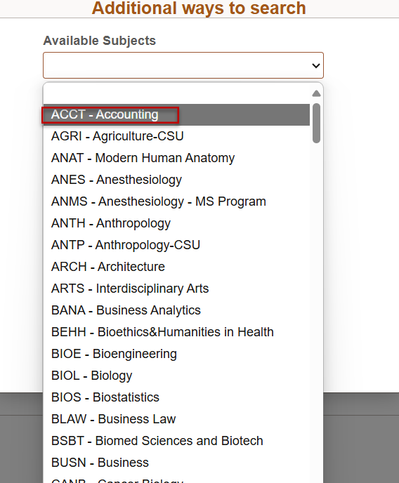 Subjects drop down list