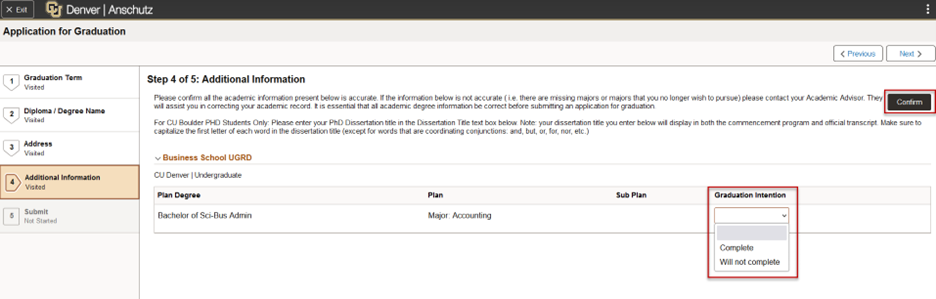 Confirm academic information