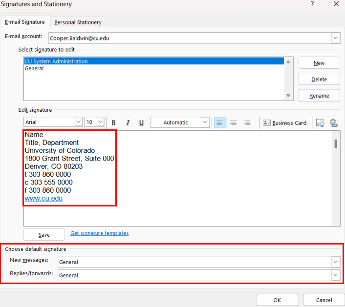Creating a signature and choosing the default signature.