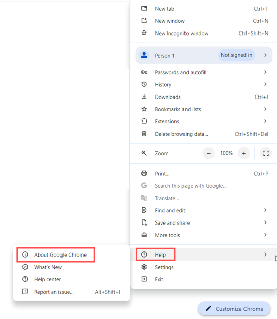About Google Chrome option in the dropdown Help menu