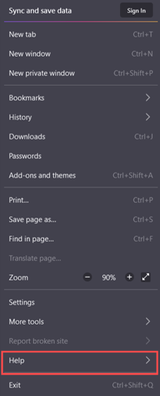 Firefox Help option in dropdown menu