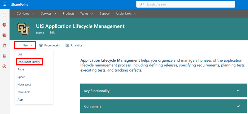 Selecting Document library option under the New dropdown menu on the SharePoint site in question.