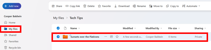Sharing a OneDrive file from My Files section