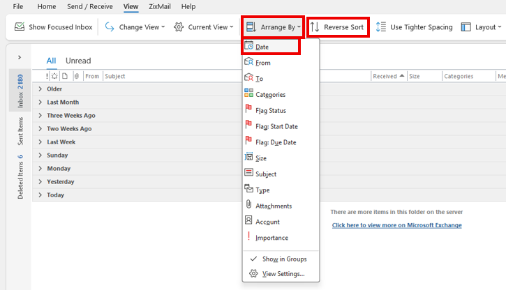 Outlook inbox with the Arrange By menu open and Date selected, alongside the Reverse Sort option.