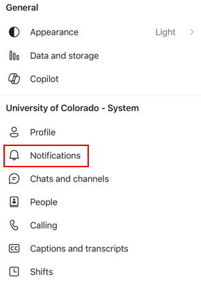 A screenshot of the Teams mobile app settings menu.