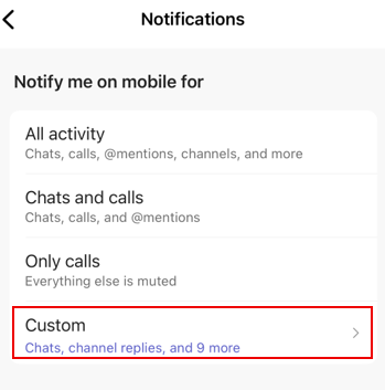 A screenshot of the Teams mobile app notifications preferences menu.