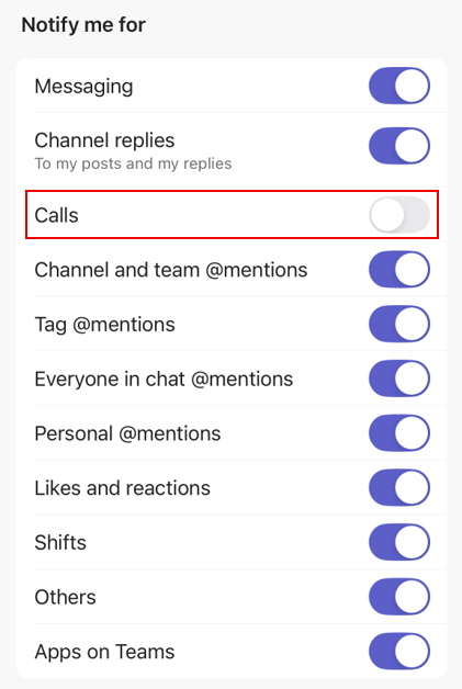 A screenshot of the Teams mobile app notifications preferences menu.