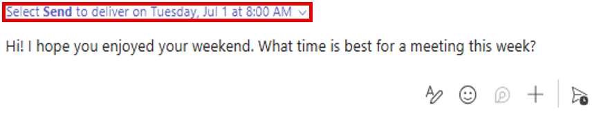 A screenshot of the Teams desktop app chat scheduling options menu.