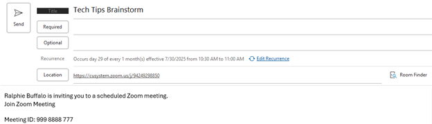Zoom meeting generated in Outlook