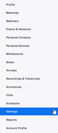 Settings option in Zoom web 