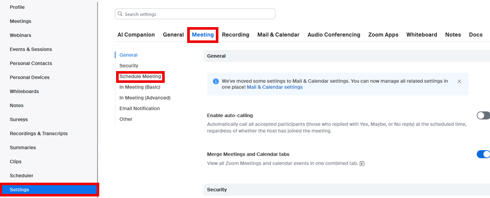Meeting settings in Zoom web