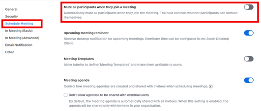 Mute all participants when they join a meeting option in Zoom web