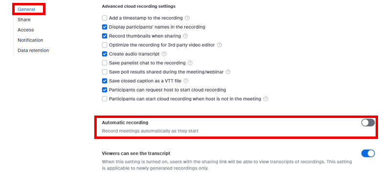 Automatic recording option in Zoom web