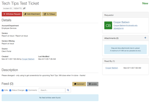 Screenshot of a Tech Tips test ticket showing incident details, requestor info, and a note indicating it's for informational purposes only.