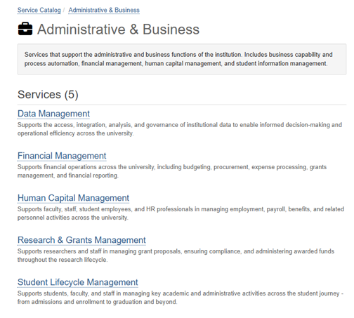 Service offering page titled "Administrative & Business" listing five university support services including data, financial, HR, research, and student lifecycle management