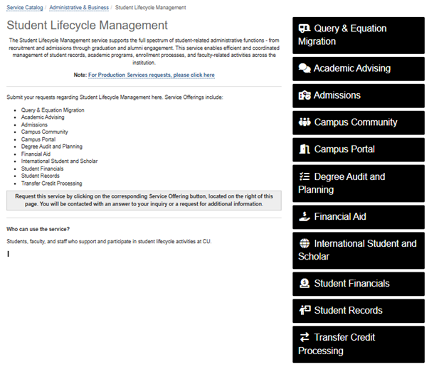 Service page "Student Lifecycle Management" detailing services from admissions to alumni engagement, with buttons for specific service offerings.