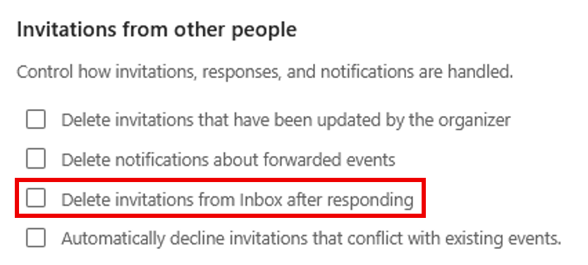 Delete invitations setting – Checkbox labeled "Delete invitations from Inbox after responding" shown unchecked.