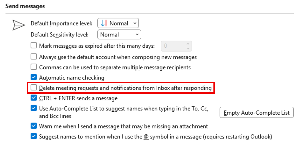 Delete meeting requests setting – Checkbox labeled "Delete meeting requests and notifications from Inbox after responding" shown unchecked.