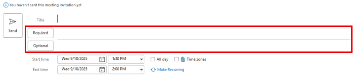 Screenshot of the Outlook "New Meeting" window showing required and optional attendee fields.