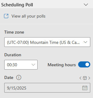 Interface showing scheduling poll settings, including time zone, meeting hours, and duration options.
