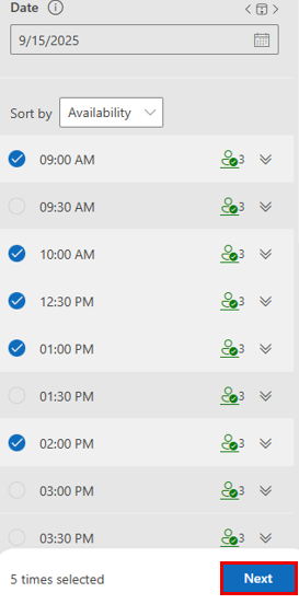 Scheduling Poll screen displaying a list of suggested meeting times generated from attendees' schedules.