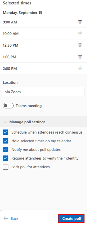 Final screen where users confirm poll details and settings before creating the scheduling poll.