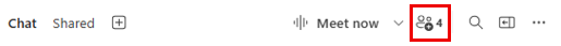 Microsoft Teams chat header showing “Chat” and “Shared” tabs, with “Meet now” option. A participants icon with the number 4 next to it is highlighted in red.