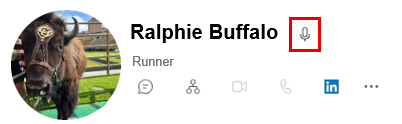Circular profile photo of a buffalo in a fenced outdoor area, shown next to the name “Ralphie Buffalo” with the job title “Runner.” A microphone icon is highlighted in red to the right of the name.