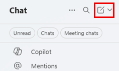 Microsoft Teams chat sidebar showing “Chat” with options for Unread, Chats, and Meeting chats. A compose icon with a dropdown arrow is highlighted in red in the upper-right corner.