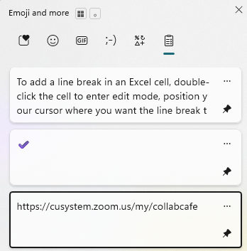 Clipboard history panel titled “Emoji and more” showing three items: a text snippet about adding a line break in Excel, a purple checkmark item, and a Zoom meeting link. Icons for emoji, GIF, and clipboard appear at the top.