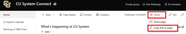 SharePoint page titled “What’s happening at CU System” with Share menu open showing “Share page” and “Copy link to page.
