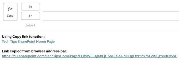 Email draft showing two SharePoint links: one from the Copy link function and one copied from the browser address bar.