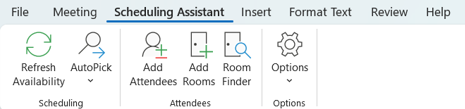 Microsoft Outlook Scheduling Assistant toolbar showing icons and labels for Refresh Availability, AutoPick, Add Attendees, Add Rooms, Room Finder, and Options. The Scheduling Assistant tab is highlighted at the top.
