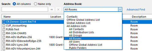 Outlook Address Book window showing search options for All columns or Name only. Dropdown for Address Book is expanded with options such as Contacts, Global Address List, All Address Lists, All Contacts, All Groups, All Rooms (selected), All Users, and Pu